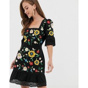 ASOS women embroidered flower dress sz us 10 lace black zip mini